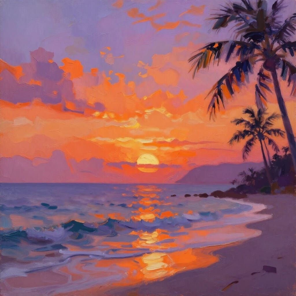 Vibrant Sunset Over Ocean as Impressionist Oil Painting