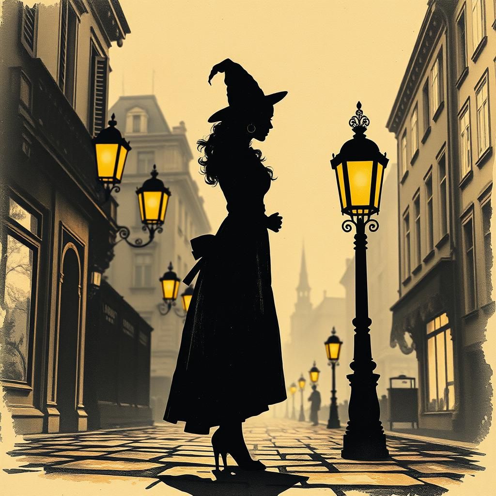 Steampunk Silhouette: Ink Painting of Woman by Lamppost
