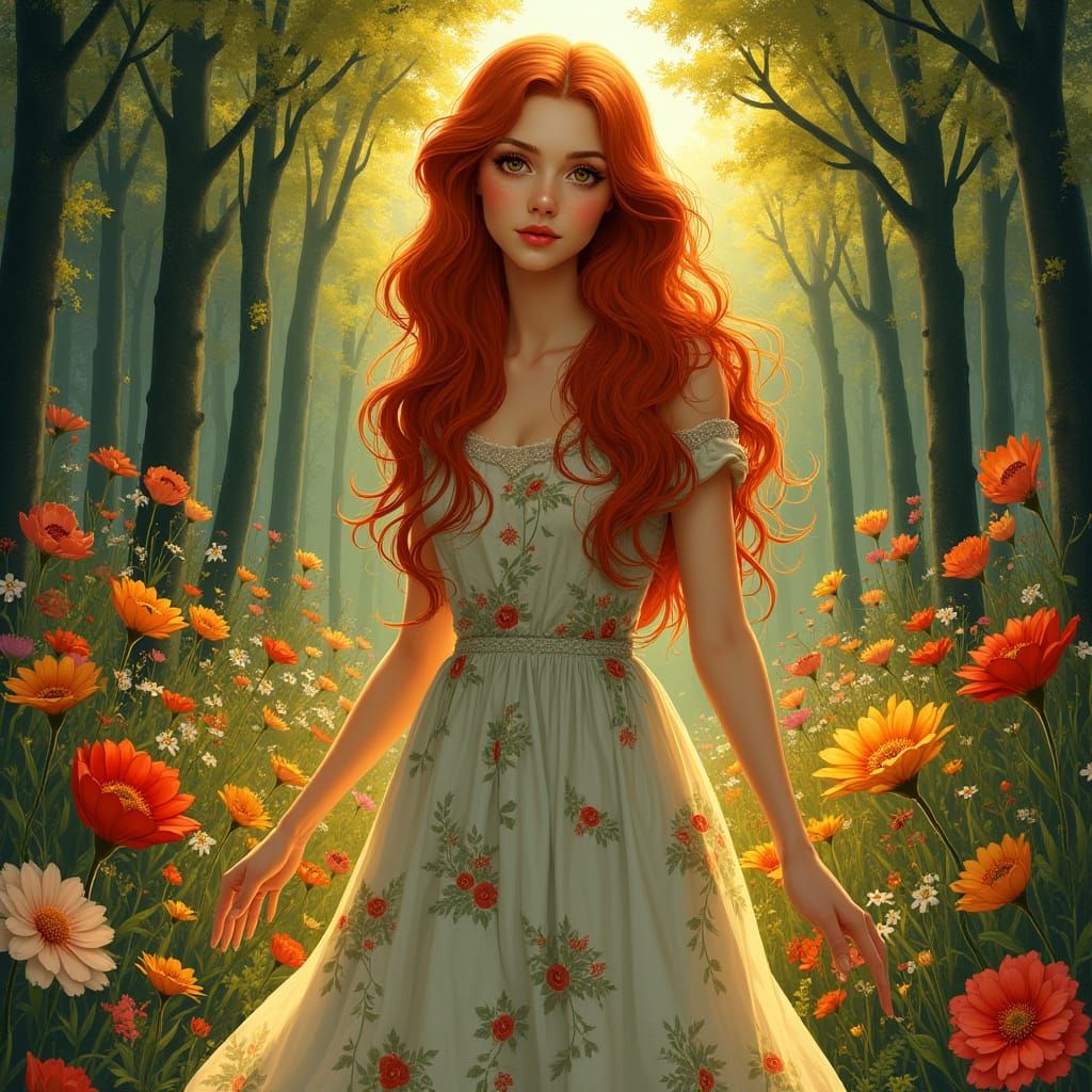 Elegant Woman Strolls Through Whimsical Garden in Art Nouvea...