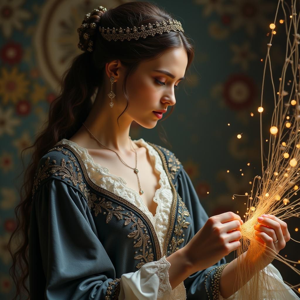 Lithuanian Spinner Weaves Fate in Digital Painting Style