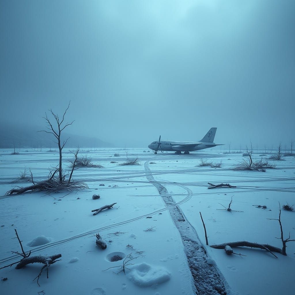 Hyperrealistic Winter Apocalypse Landscape in Muted Blues an...
