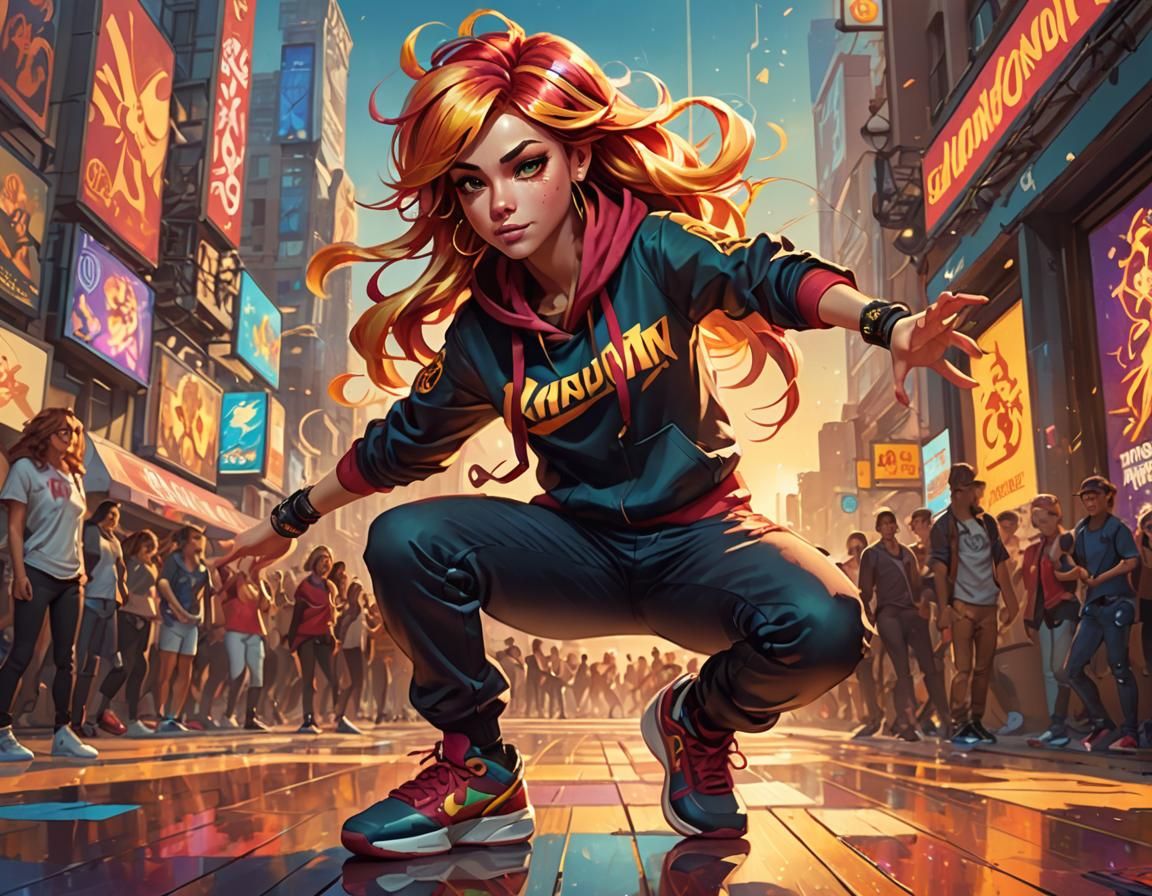 Sunset Shimmer Breakdancing Portrait in Hyperdetailed Style