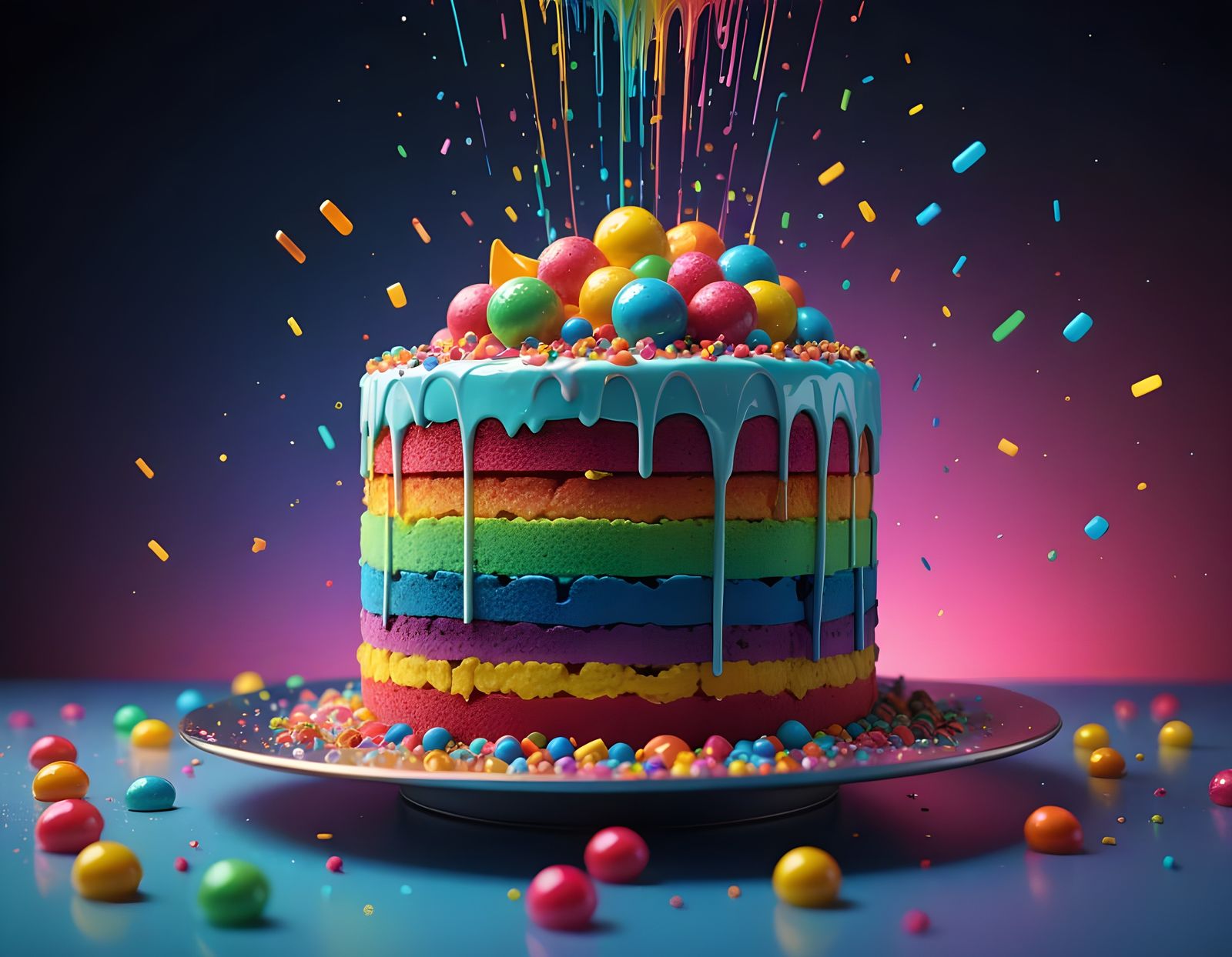 Holographic Rainbow Cake Slice in Neon Futuristic Style