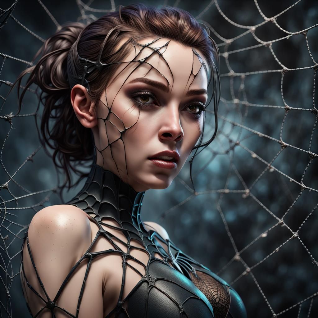 Spider-Woman Climbing a Web in CG Style