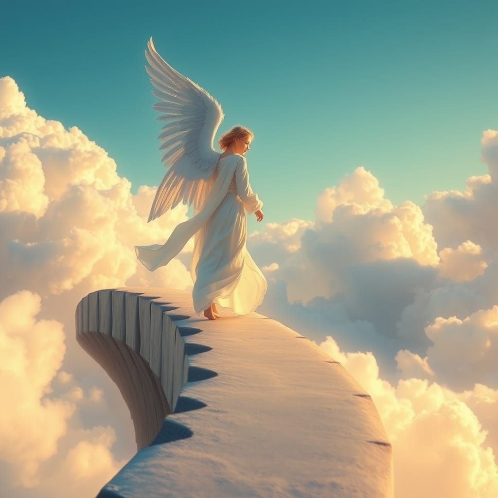 Ethereal Angel on Cloudy Path in Dreamy Digital Art