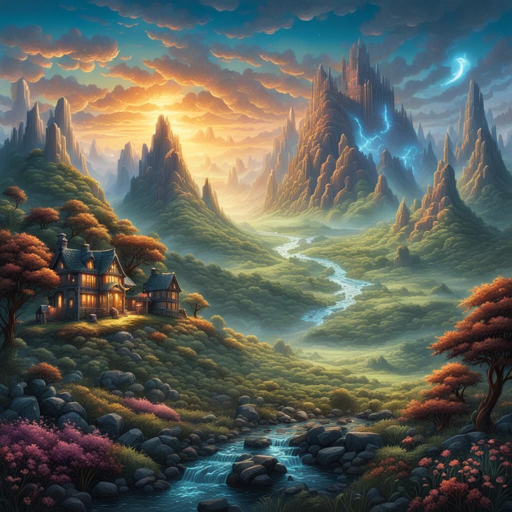 Magical Valley Landscape in Digital Matte Painting Style