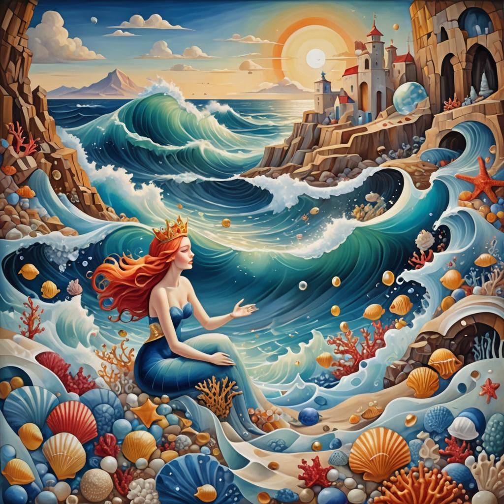 Mermaid's Treasure: 3D Seascape in Cubist Style
