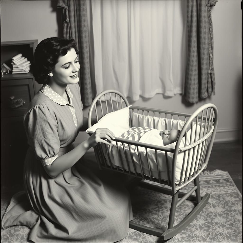 1950s Mother Rocking Baby in Cradle