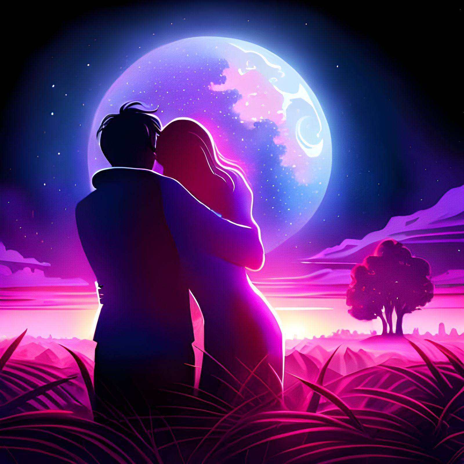 Cosmic Embrace: Synthwave Silhouettes in a Hug
