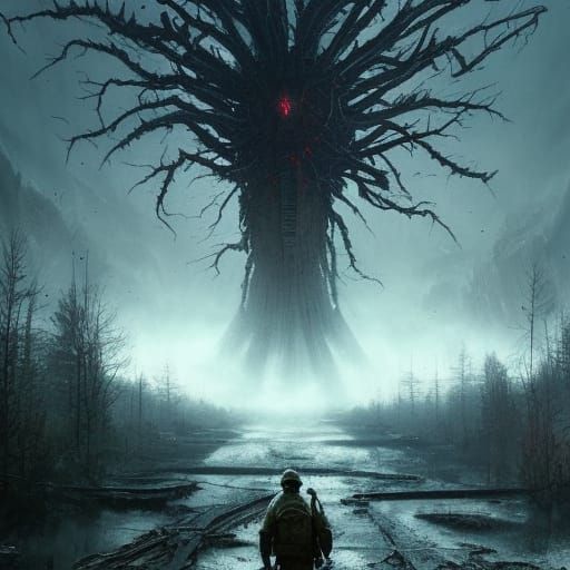 Army Versus Chernobyl Monster in Dark Fantasy Art