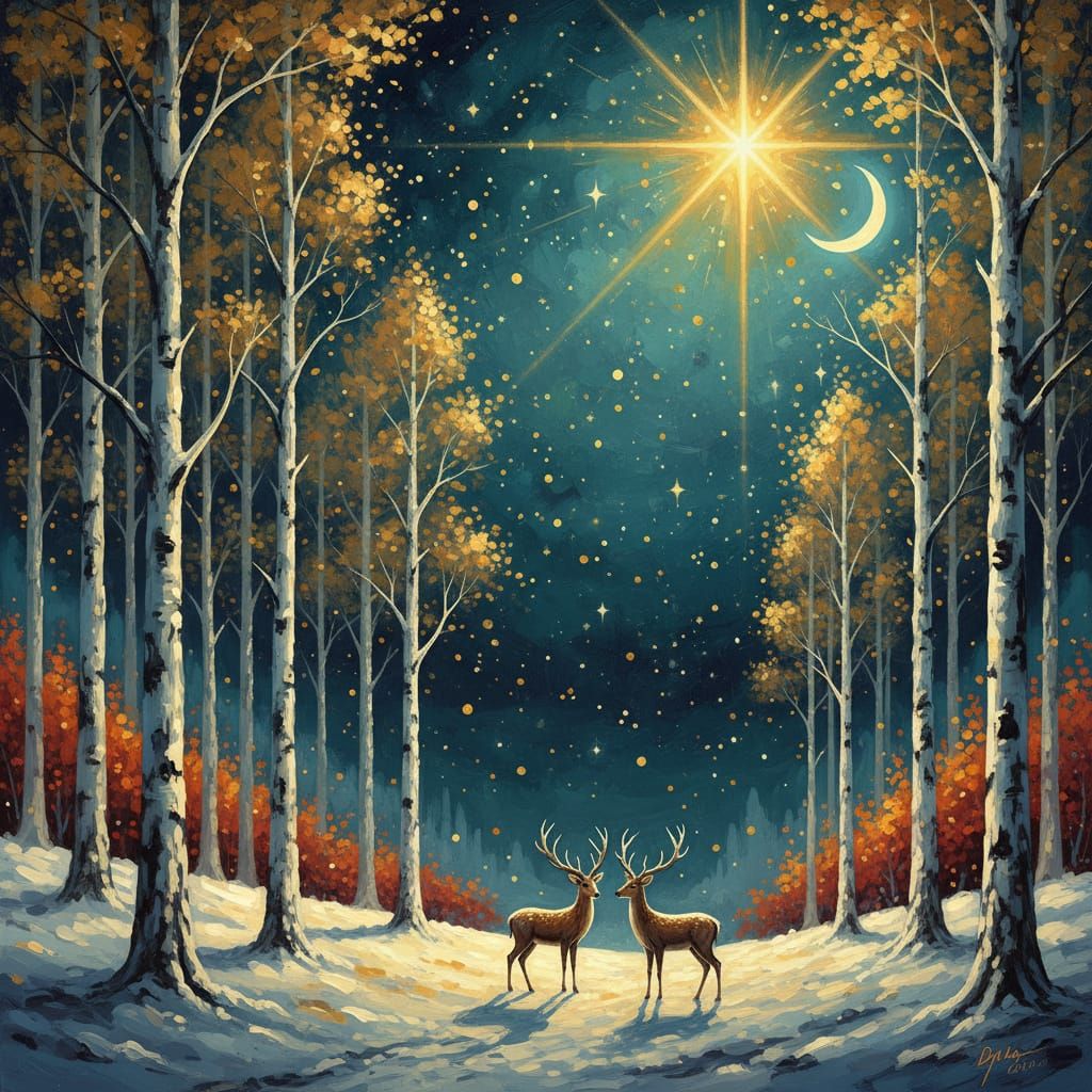Whimsical Winter Forest with Golden Trees and Deer