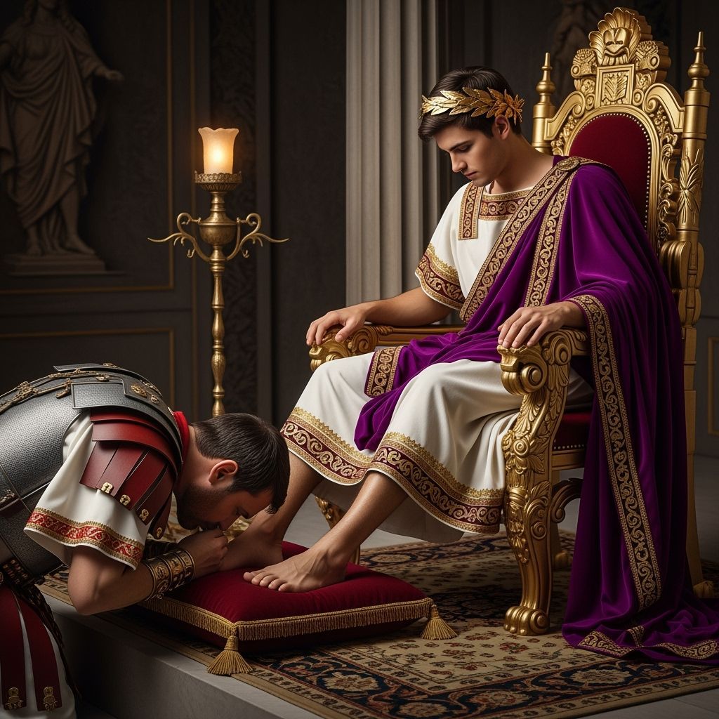 Young Roman Emperor on Gold Throne in Roman Photography Styl...