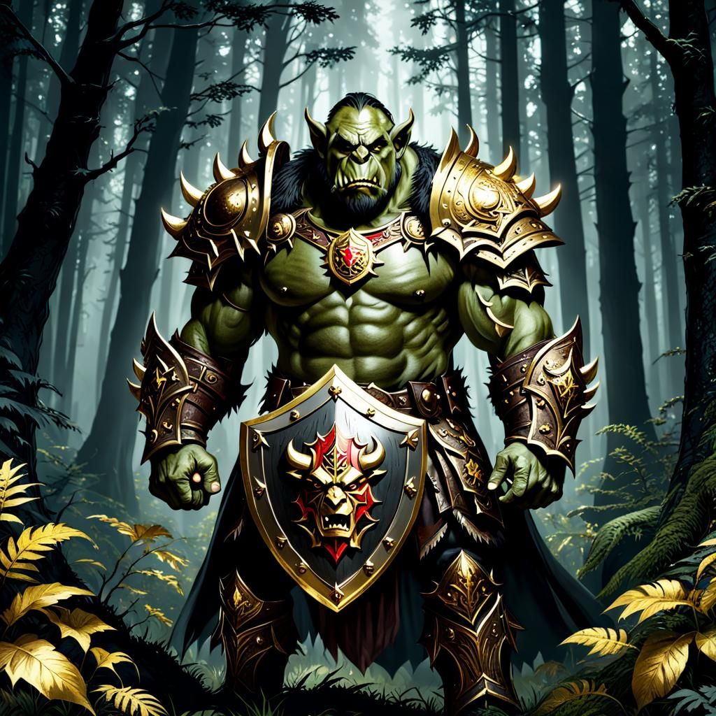 Orc Guardian with Gilded Shield in Dark Forest
