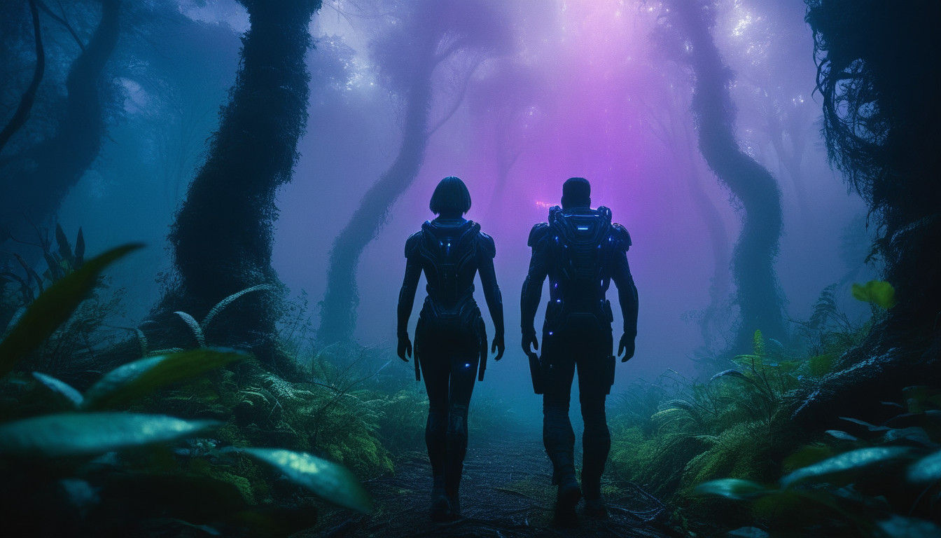 Dramatic Futuristic Duo in a Moody, Mystical Forest
