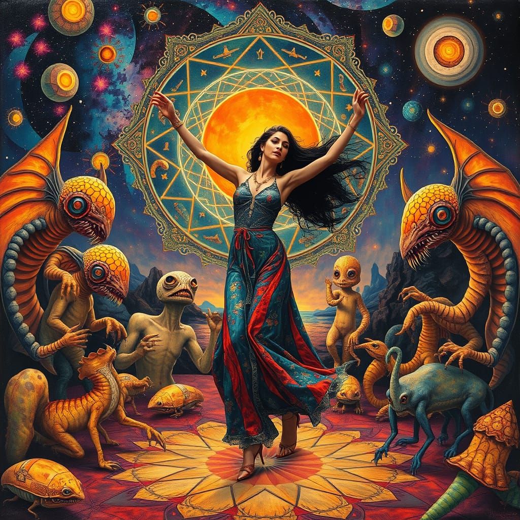 Surreal Woman Dancing in a Maximalist Landscape
