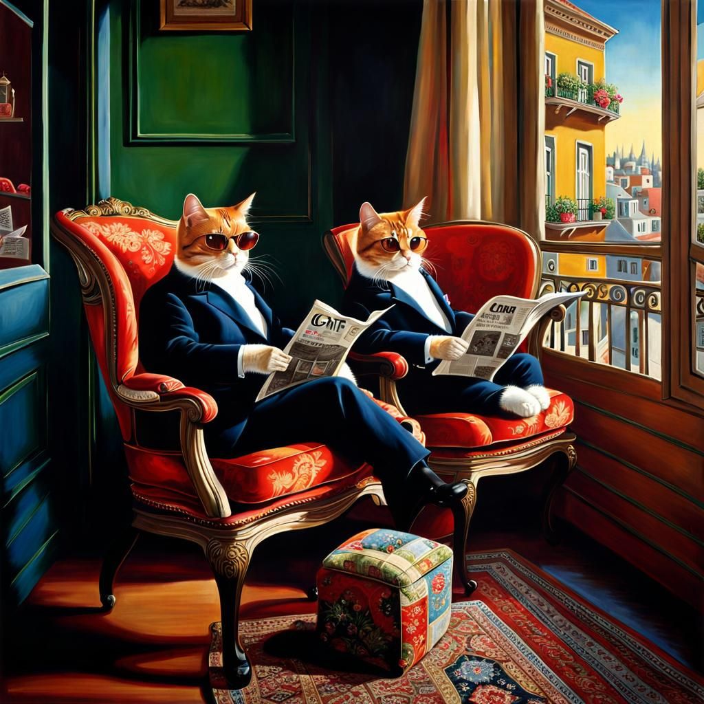 Surreal Cats Reading Newspapers on Balcony