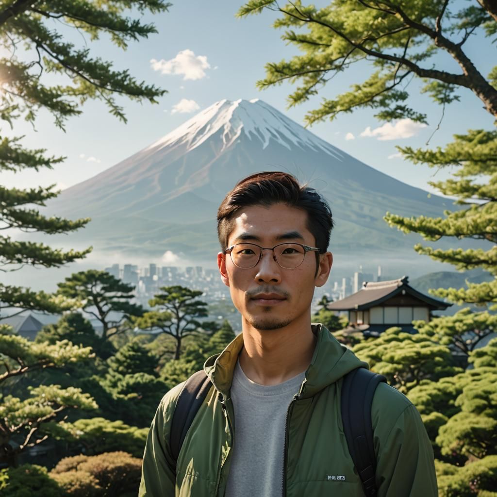 Asian Man Portrait with Mount Fuji, Realistic Anime Style