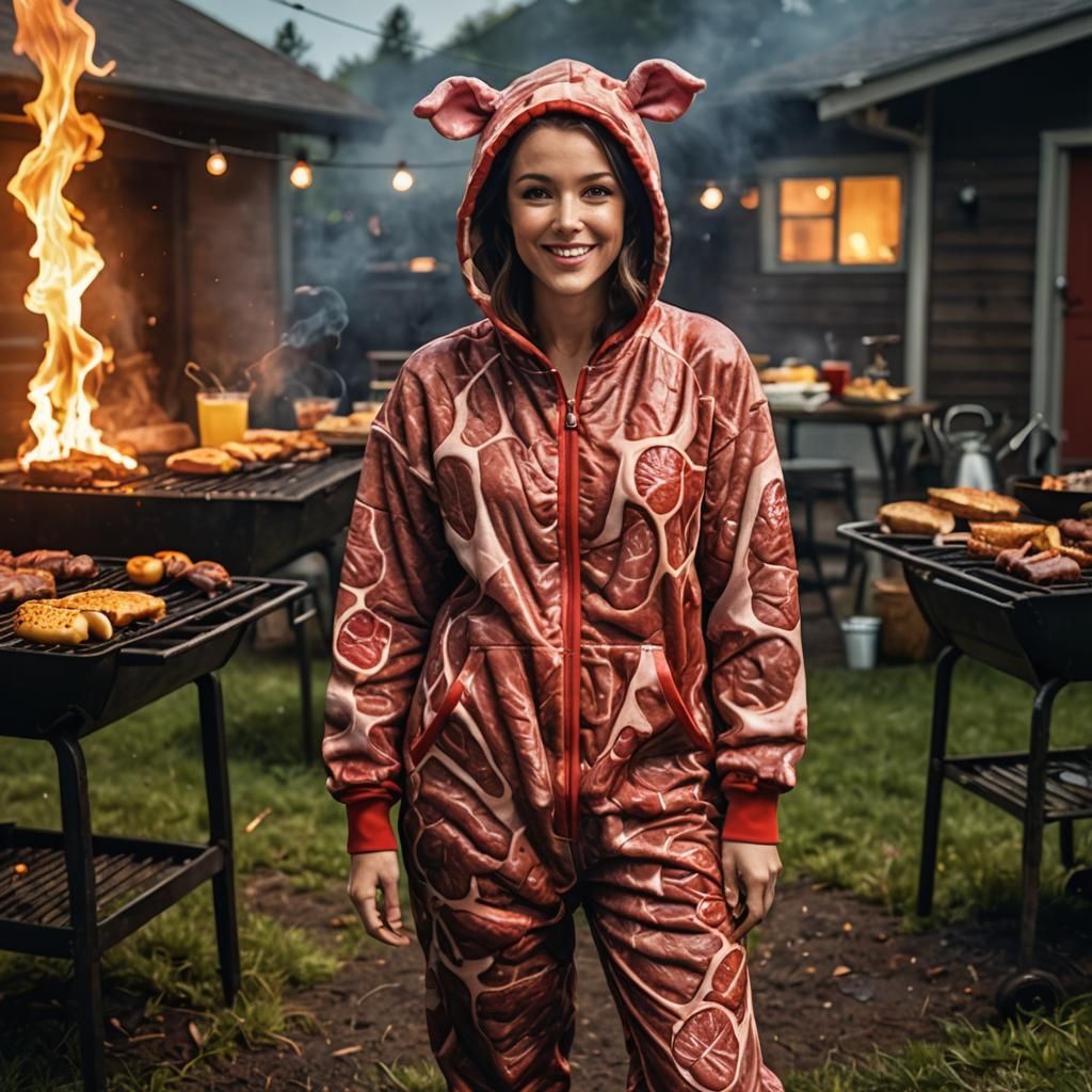 Woman in Meat Onesie at BBQ, Mixed Media