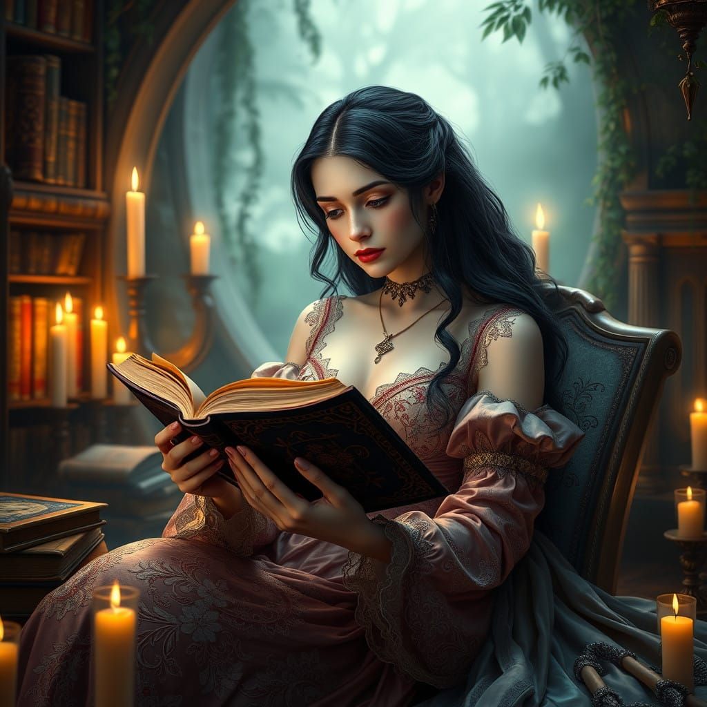 Dreamy Goddess in Whimsical Library