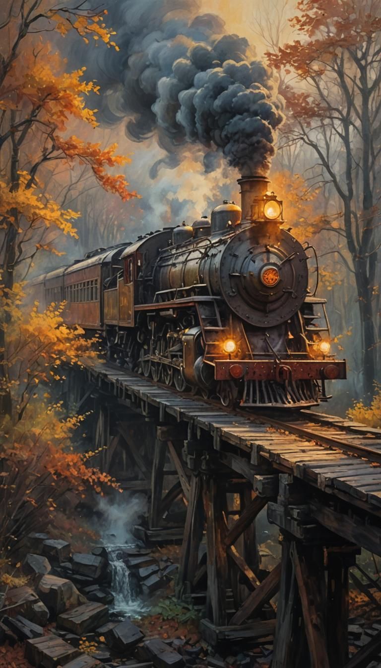 Acrylic painting. Medium shot. Ancient steam locomotive chugging across a wooden bridge