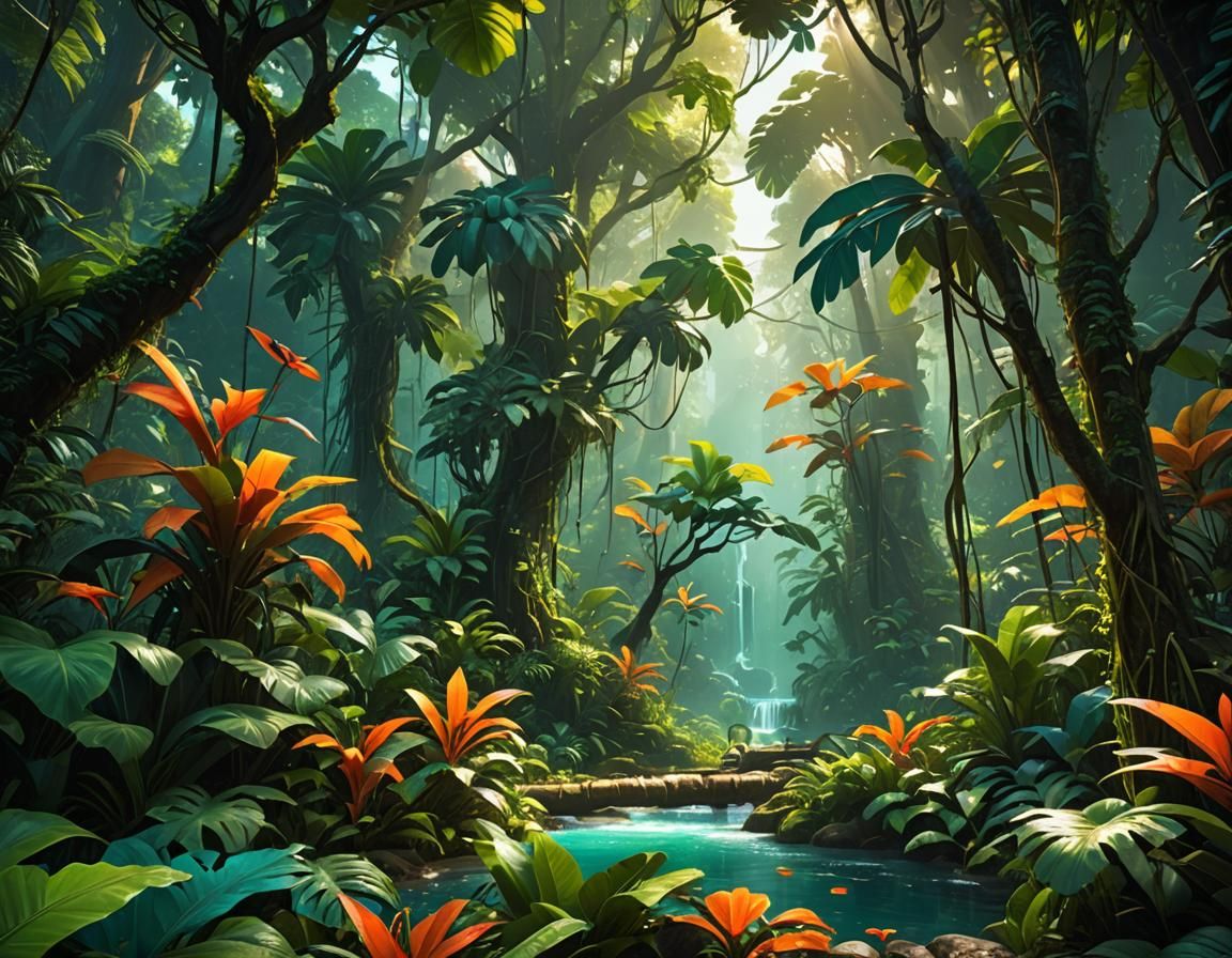 Lush Rainforest in Art Nouveau Style