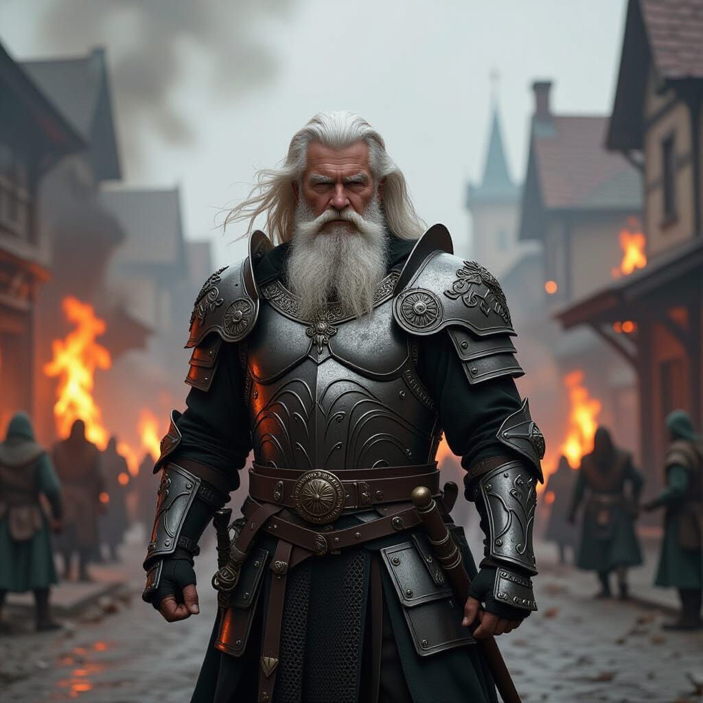 Armored Elderly Warrior in Burning Town, Fantasy Art