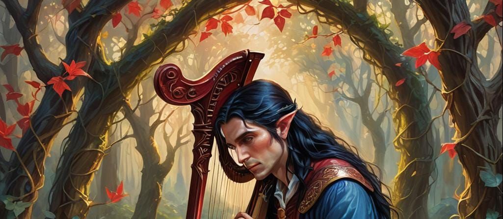 young male elf with very long black hair and blue eyes and s...
