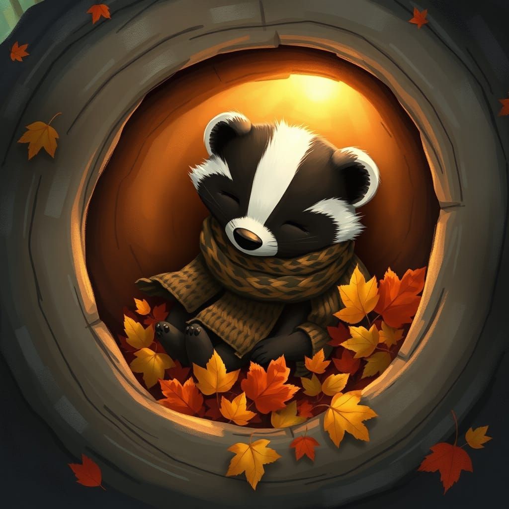 Cozy Badger Asleep in Autumn Log