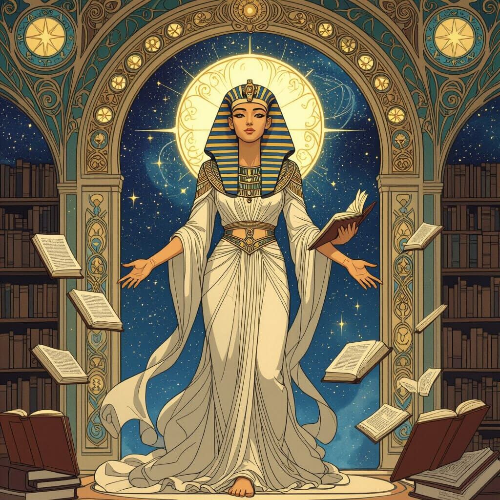 Nebula Library Guardian: A Cosmic Art Nouveau Sphinx