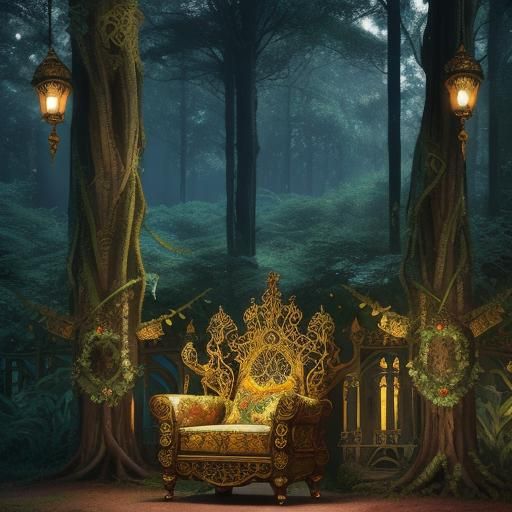 Gothic Queen on Forest Throne in Art Nouveau Style