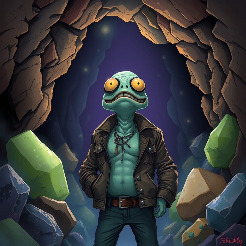 Slimey in Gemstone Cavern: Mystical Realism Art