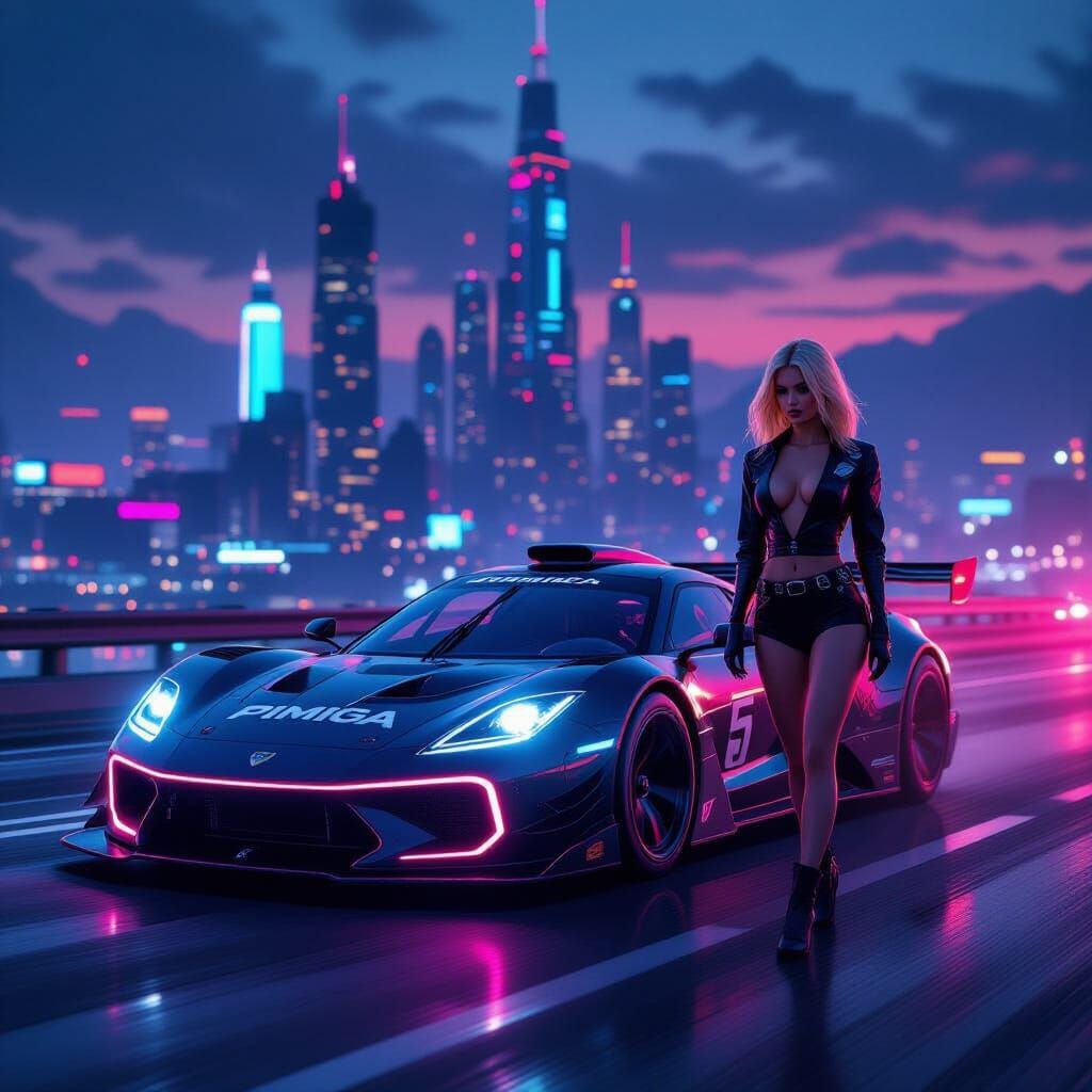 Cyberpunk Race Car Speeds Down Highway with Neon City