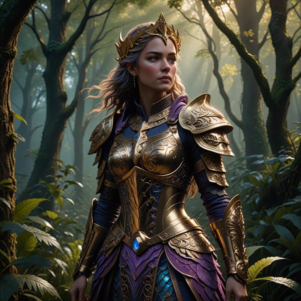 Ethereal Warrior Goddess in Lush Forest Realism