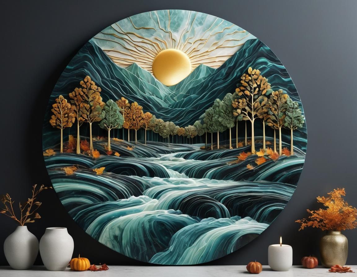 Embossed Black Marble Autumn Forest Art