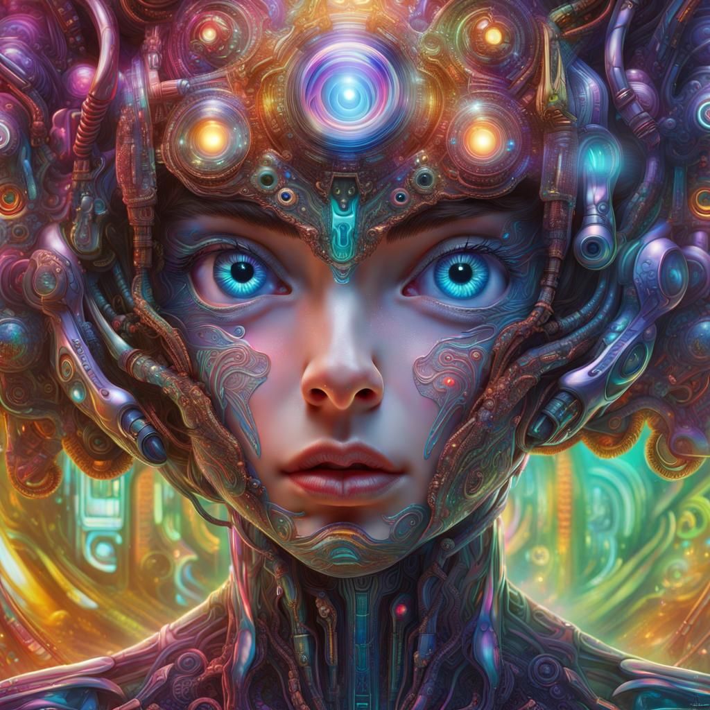 envision a psychedelic organic cyborg encapsulated in hologr...
