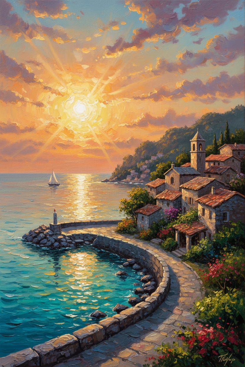 Seaside Village Sunset Oil Painting with Sailboat