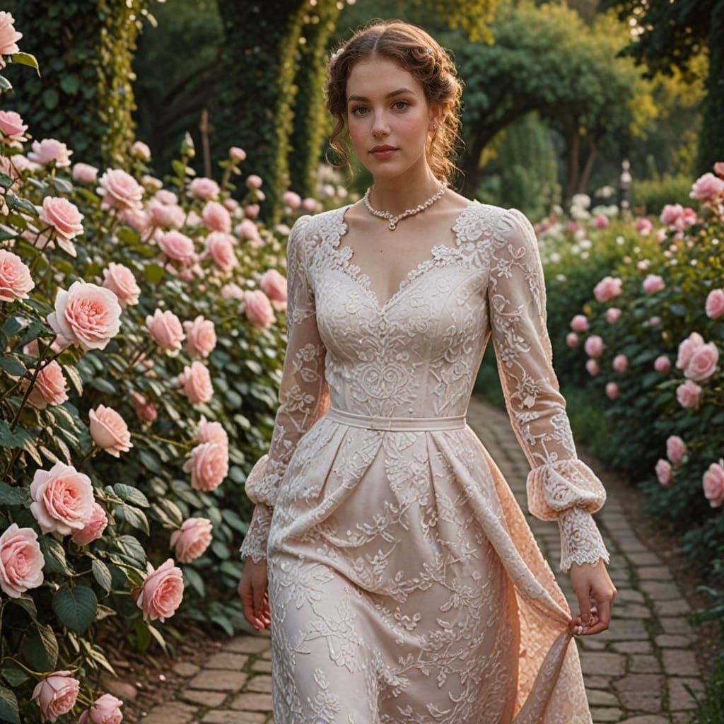 Enchanting Vintage Gown in Moonlit Rose Garden