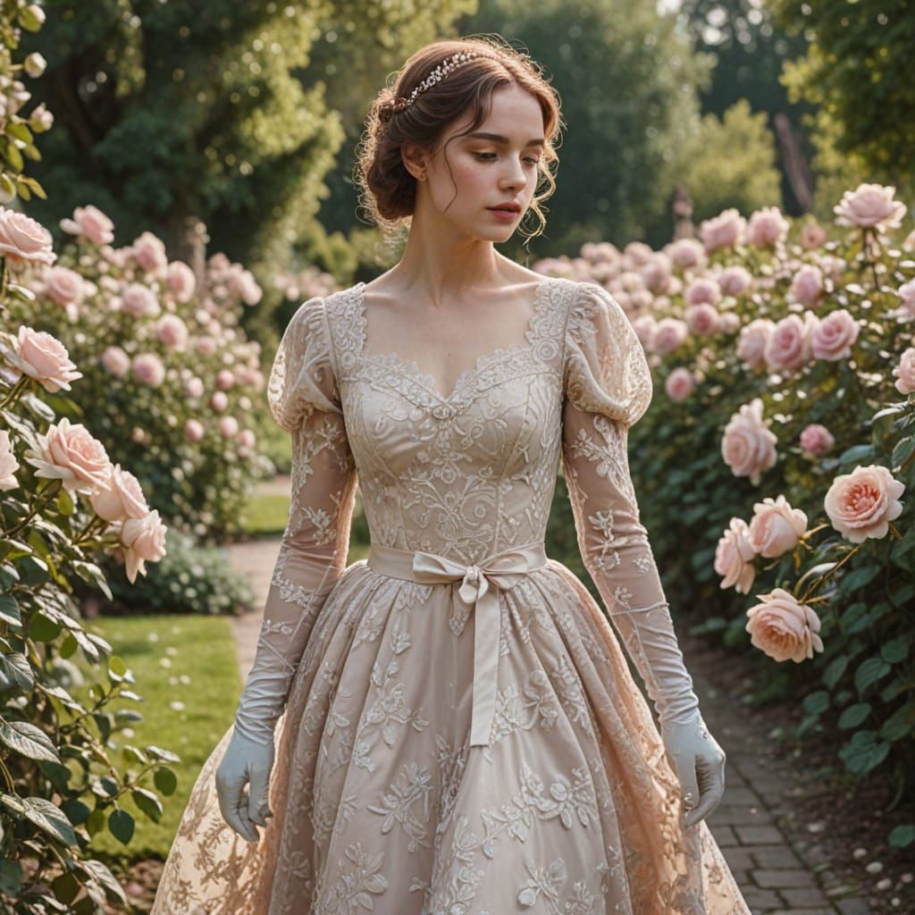Vintage Gown in Moonlit Rose Garden, Impressionist Style