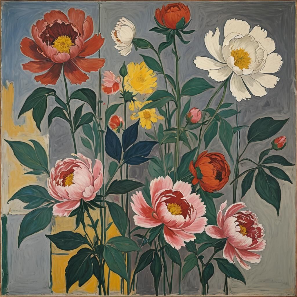 Abstract Peony Inspired by Mid-Century Modern Masters