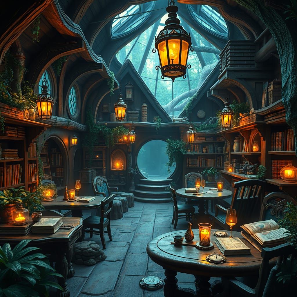 Mystical Wizard Cafe with Glowing Artifacts: Matte Painting