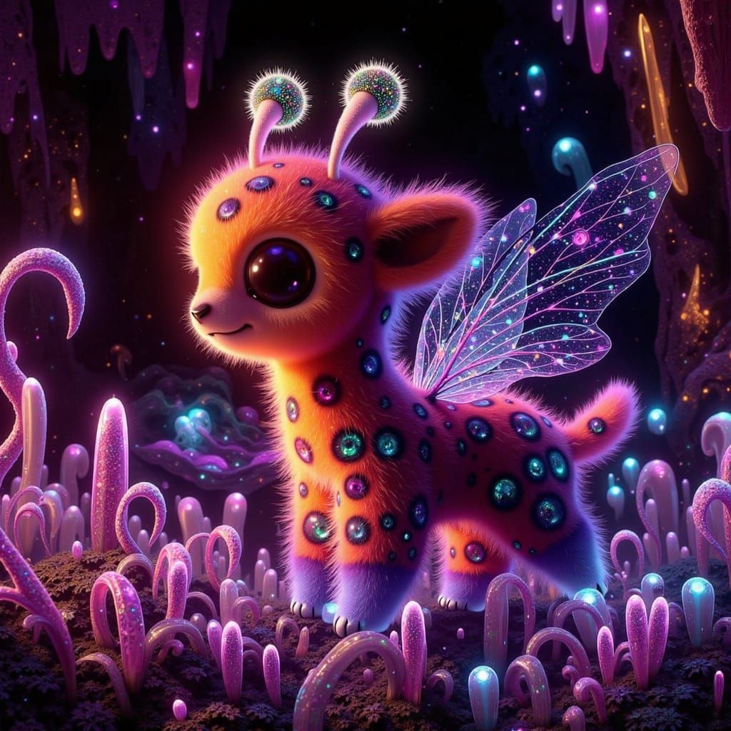 Iridescent Winged Giraffe in Crystal Cave