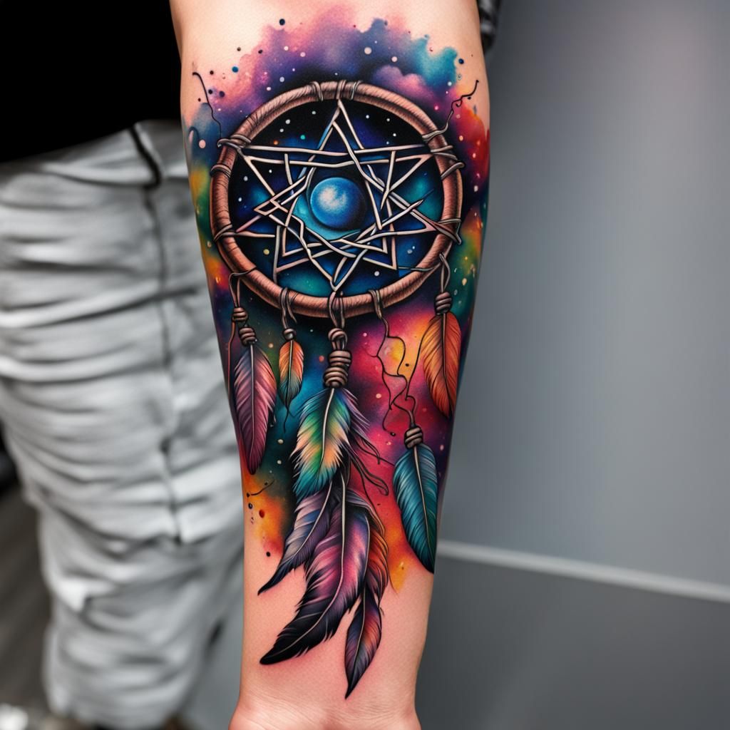 Pentagram Dreamcatcher Tattoo in Hyperrealistic Splash Art