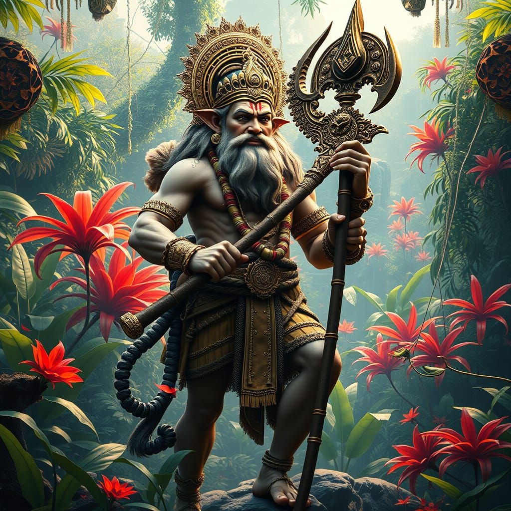 Hanuman: Majestic Servant of Rama with Ornate Mace in Lush E...
