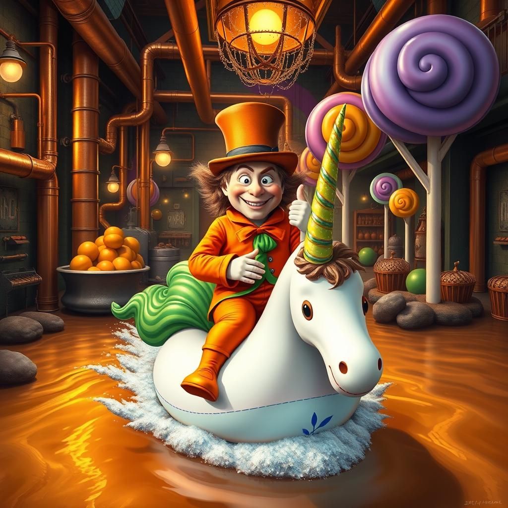 Oompa Loompa on Unicorn Float in Chocolate River