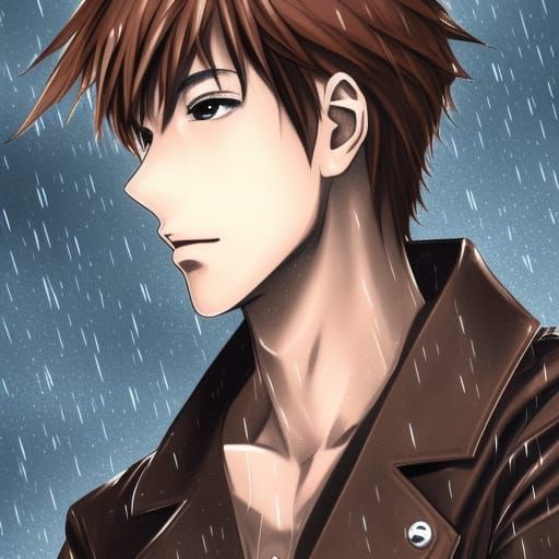 Anime Man in Leather Jacket Walking in Rain