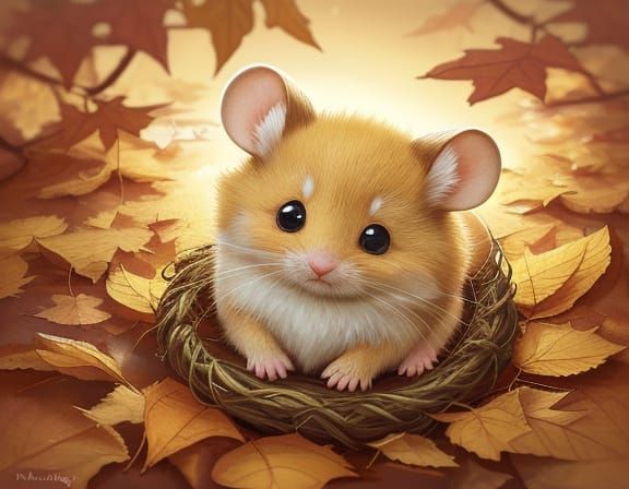 Cute Mouse in Autumn Leaves Whimsical Illustration