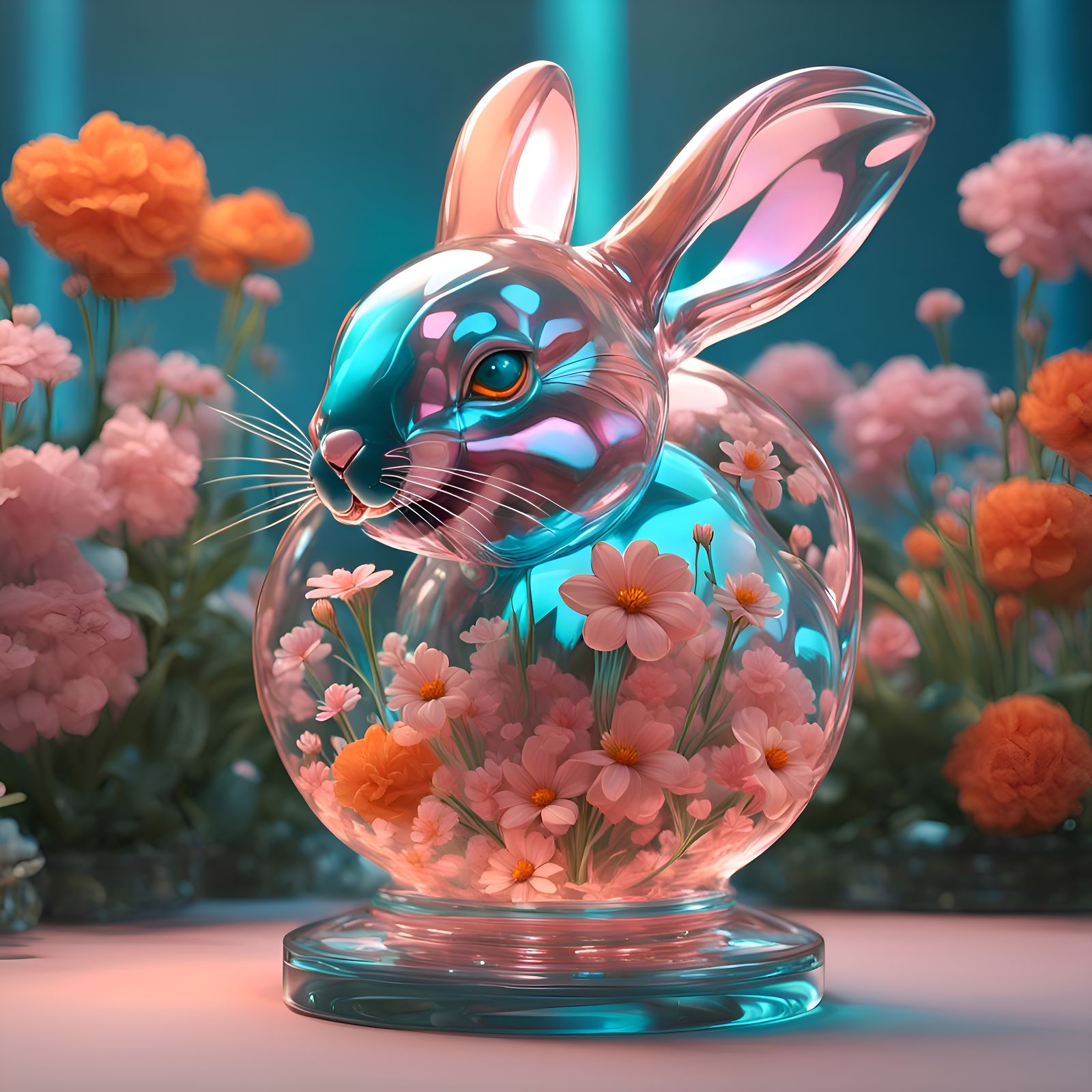 Glass Bunny Sculpture with Flowers, Hyperdetailed Art