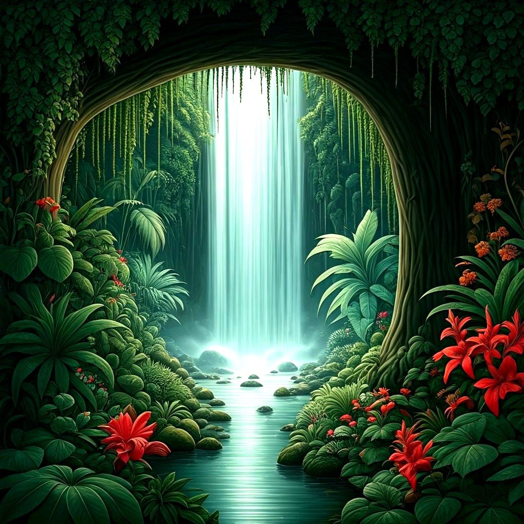 Enchanted Secret Garden Waterfall in Storybook Style