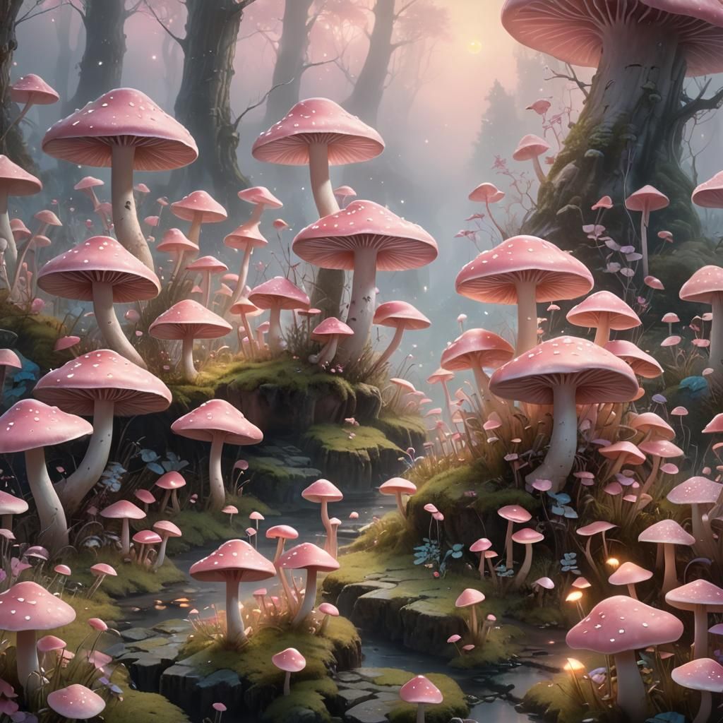 Pink Mushroom Fantasy Landscape in Painterly Style