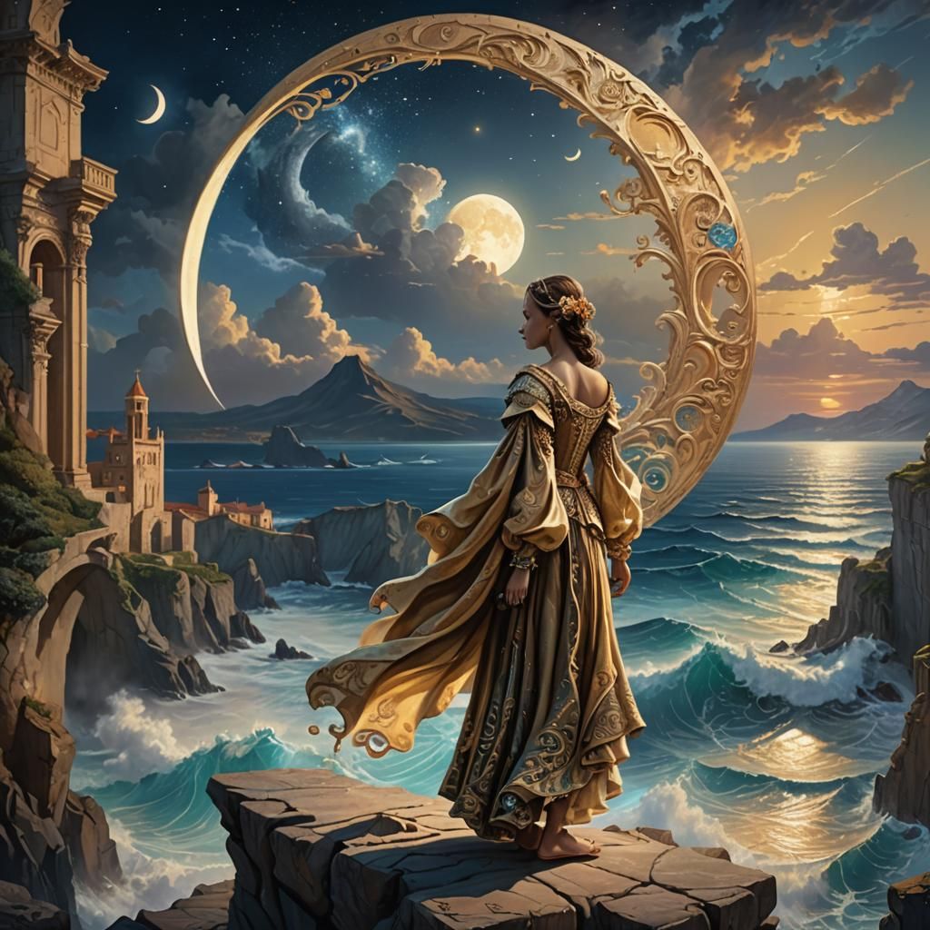 Renaissance Cliffside Scene in Surrealist Style